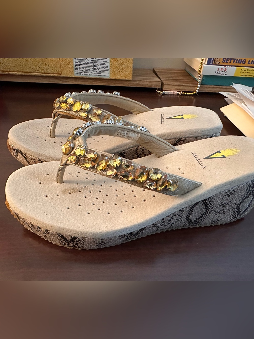 Volatile Gold Jeweled snake skin Wedge Sandals